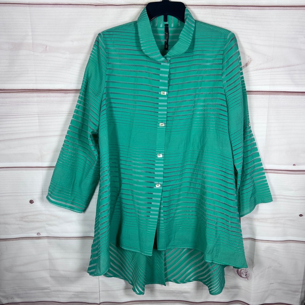 IC by Connie K Tunic Shirt Women Large Green Striped Sheer Hi-Low Bamboo Blouse